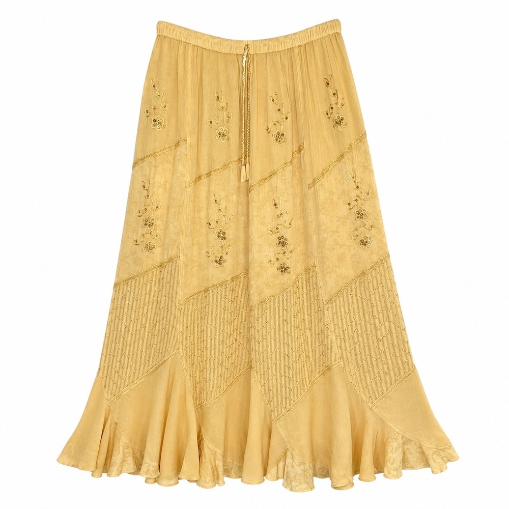 Boho Midi Skirt Yellow Embroidered Beaded Flowy Ruffle Hem Free Size Small / Med